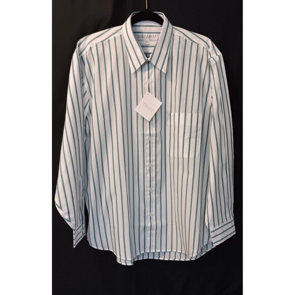 Perry Ellis Men's White Green Striped Pocket Button-Up Shirt, 16.5(32/33) - Picture 1 of 5